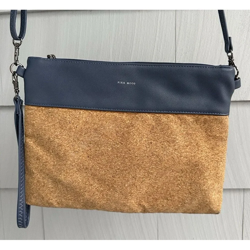 PIxie Mood Nicole Pouch Blue Vegan Leather & Cork Convertible Crossbody Bag